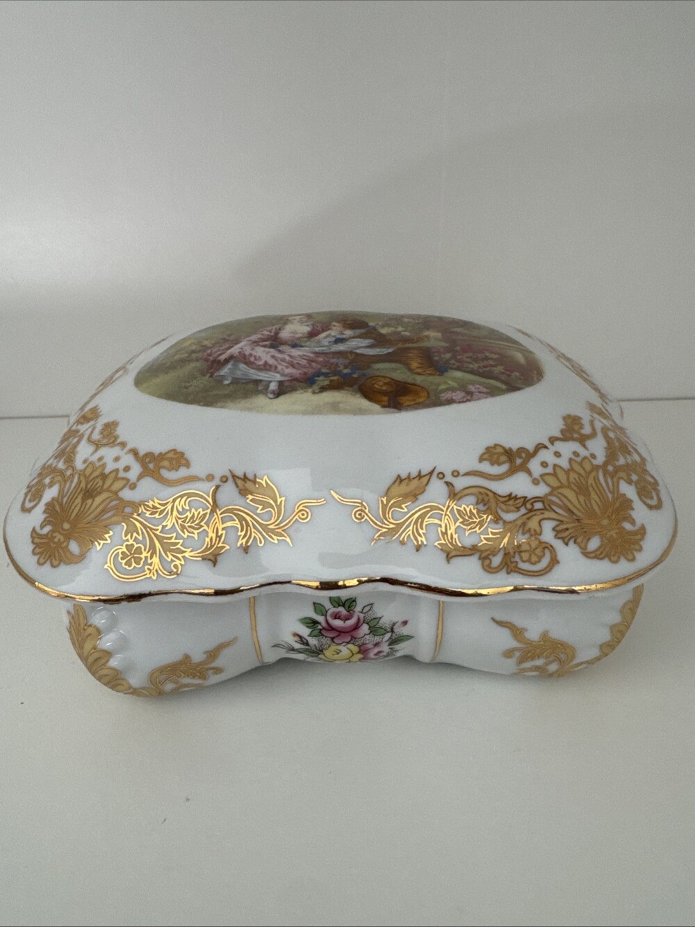 Vintage Porcelain Jewelry Trinket Box With Lid France Courting Scene